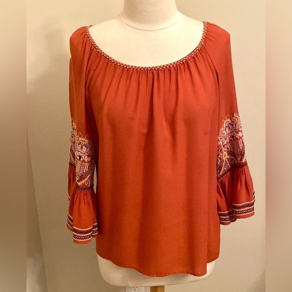 Max Studio Burnt Orange Embroidered SZ S Boho Hippie Festival Folk Peasant Top